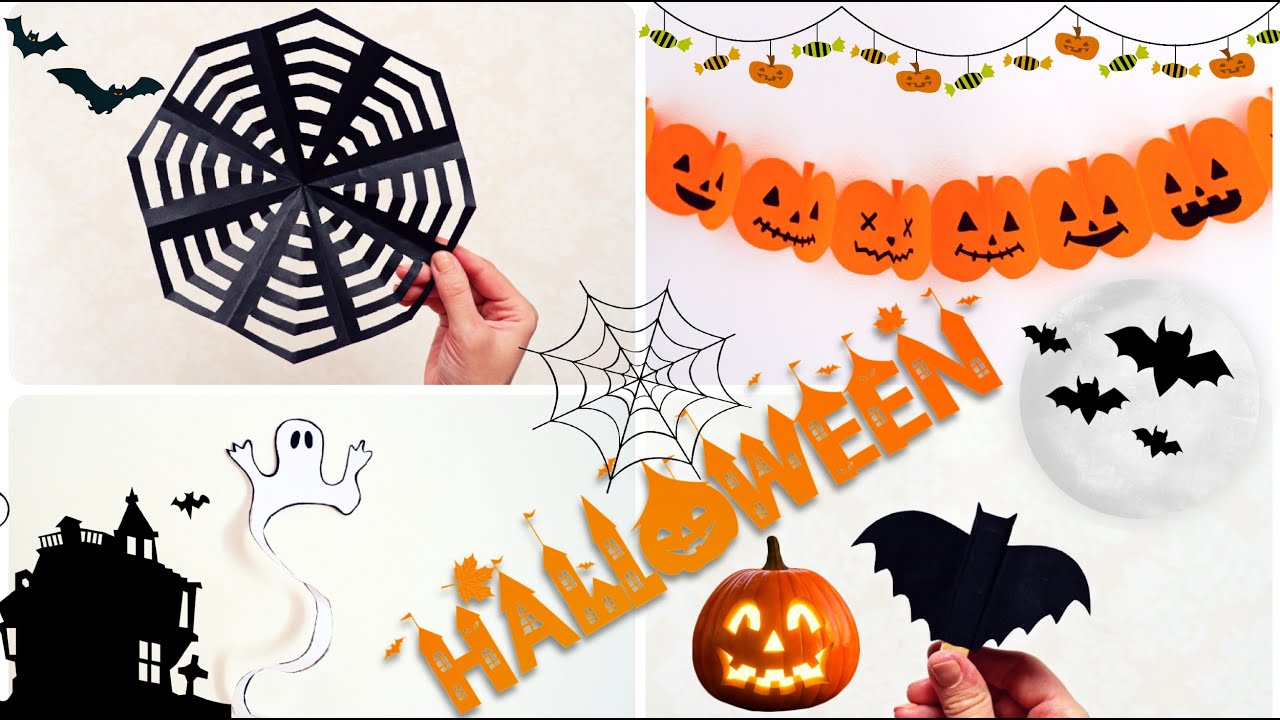 4 DIY Halloween Decoration Ideas 2021 | Pumpkin garland | Paper ghost & spiderweb | Clothespin bat
