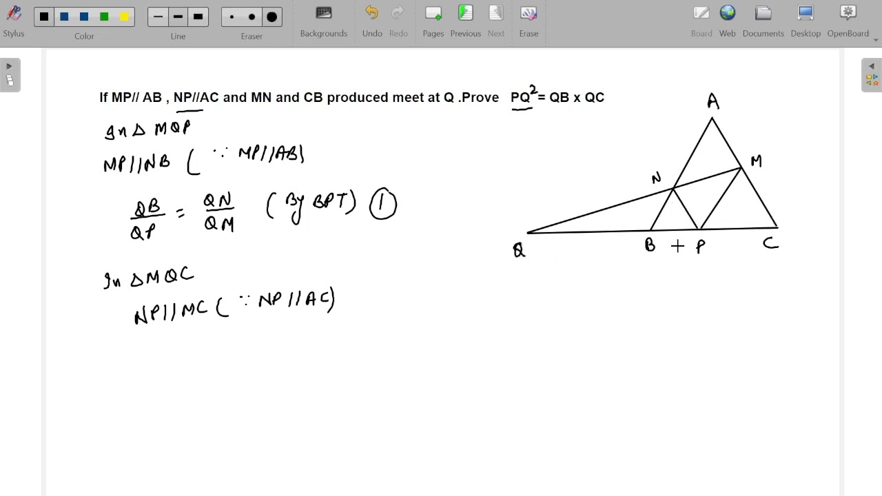 If MP// AB , NP//AC and MN and CB produced meet at Q .Prove PQ²  = QB xQC #class10mathextraquestion