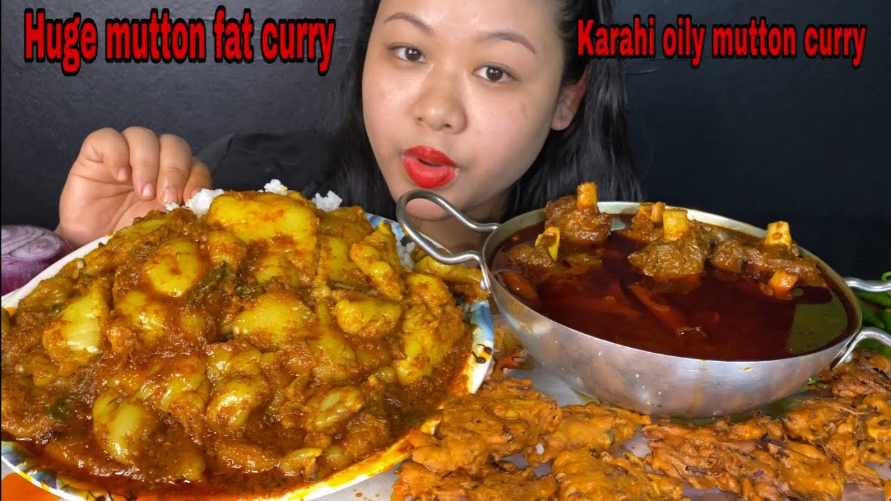 HUGE OILY MUTTON FAT CURRY, KARAHI OILY MUTTON CURRY WITH PIYAJ KE PAKODA & RICE MUKBANG | BIG BITES