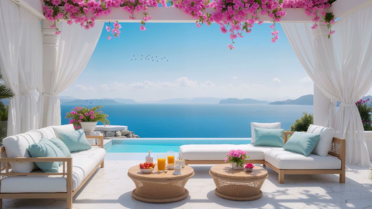 Morning Jazz at Beach Cafe - Uplifting Jazz Music & Ocean Waves - Energizing Day