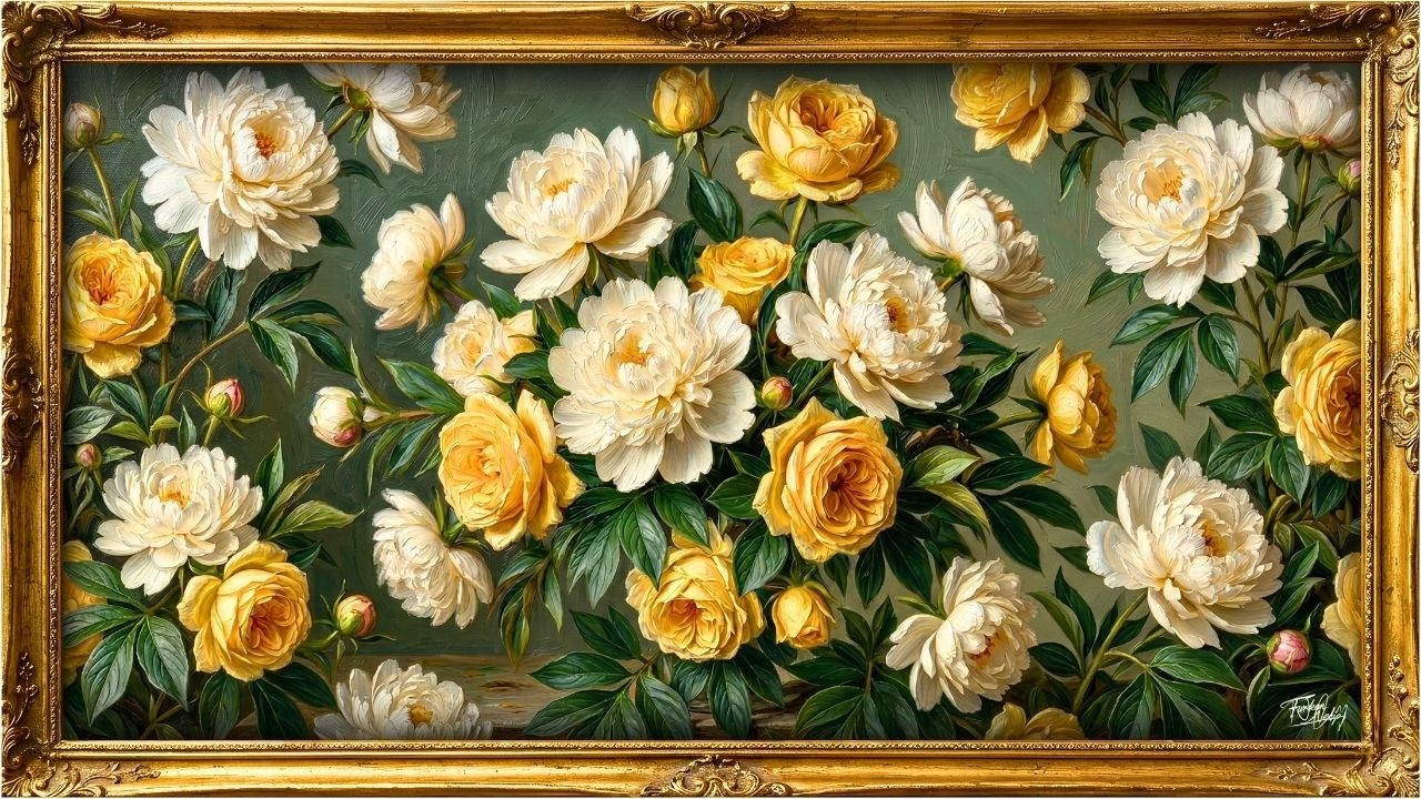 🌿 White Peonies & Golden Roses — Lush Floral Oil Painting | Botanical Fine Art 4K