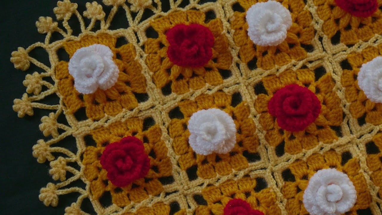 गुलाब थालपोश | Woolen Blanket design | Square Tikki Thalposh | पूजा आसन  | Crochet pattern
