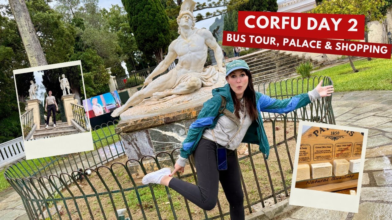 CORFU DAY 2 🚌 Sightseeing bus tour, shopping and Achilleion Palace 🏹 #achillesheel #cats #shopping