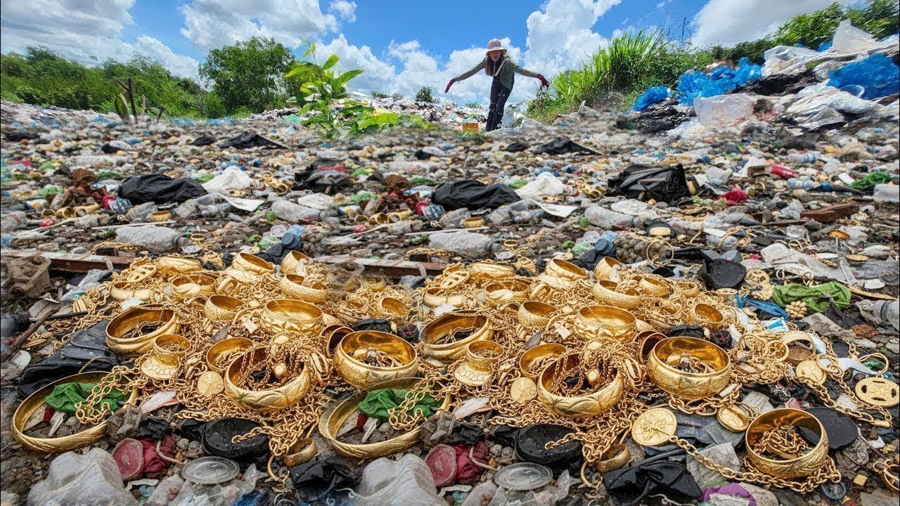Wow a lot of gold jewelry in trash field a girl so lucky found many big treasure