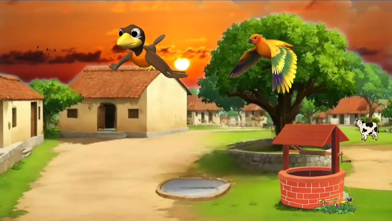 Copyright free Cartoon village background video । Village sunset background video