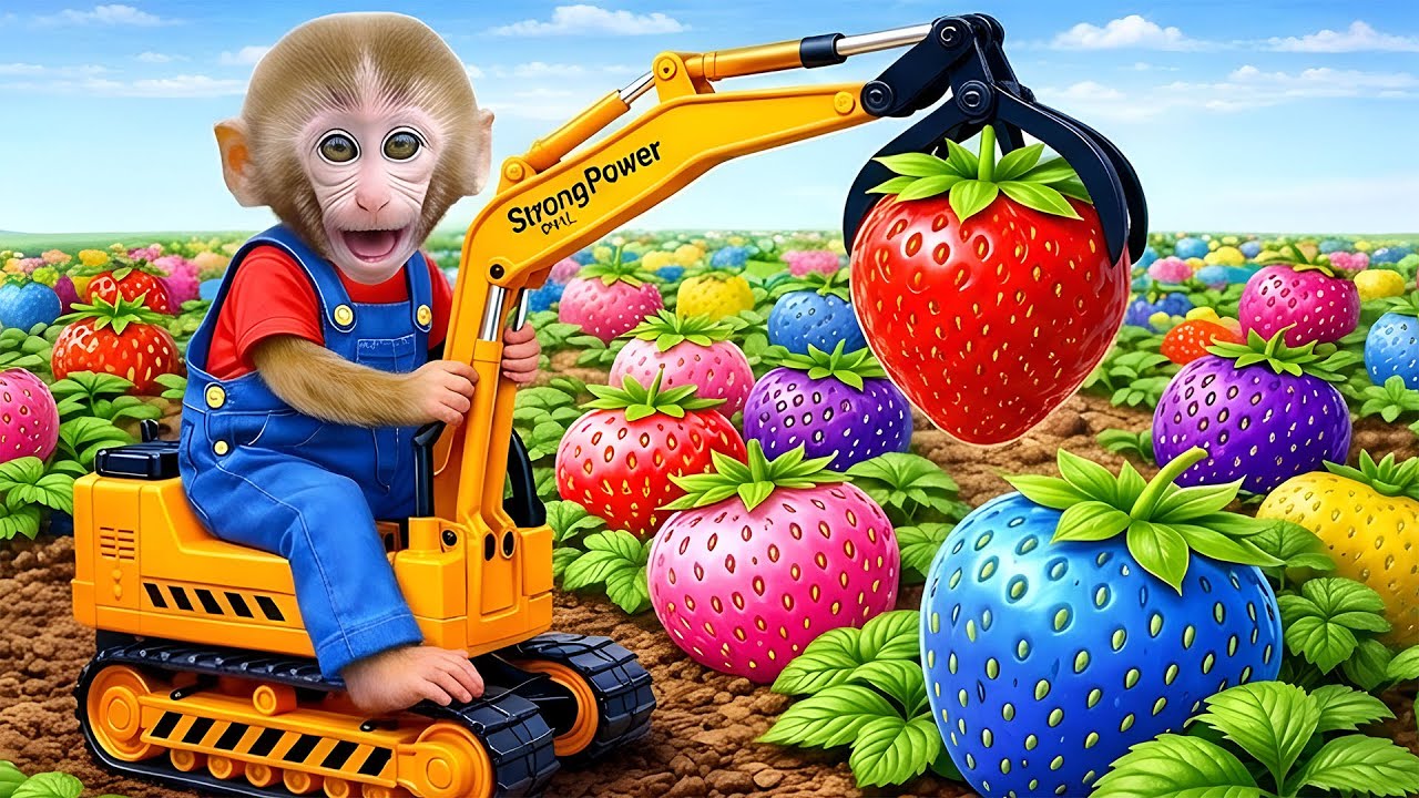 Singe Na Na découvre un jardin de fraises géantes et conduit une grue pour les récolter ! 🍓🐒🚜