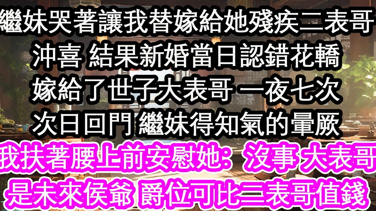 繼妹哭著讓我替嫁給她殘疾二表哥沖喜 結果新婚當日認錯花轎嫁給了世子大表哥 一夜七次次日回門 繼妹得知氣的暈厥我扶著腰上前安慰她：沒事 大表哥是未來侯爺 爵位可比二表哥值錢多了【花開】【愛情】【生活】