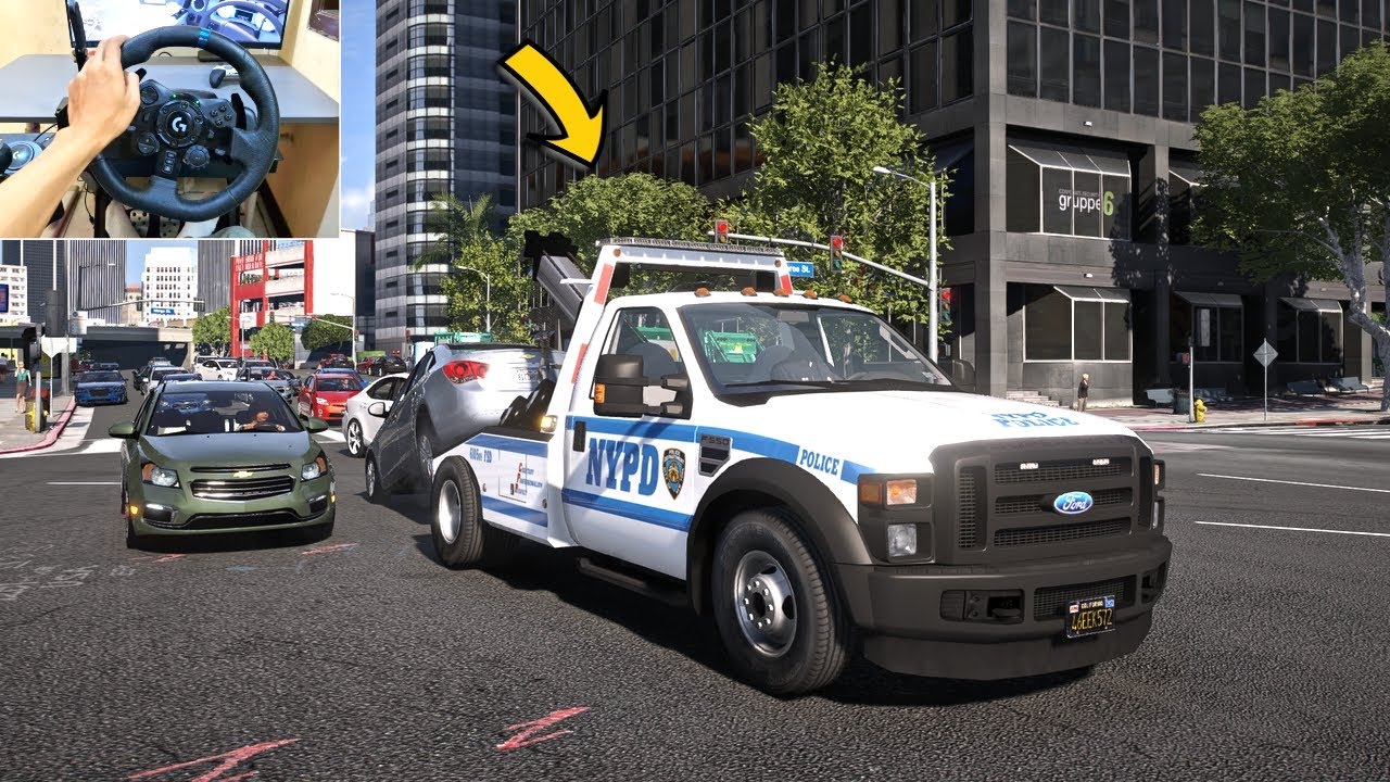 GTA 5 Lets Go To Work as NYPD Tow Truck Driver - Steering Wheel Gameplay