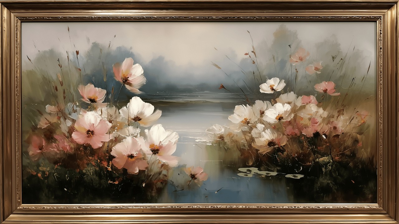 Misty Lake Wildflowers, Soft Romantic Painting | Framed Art Screensaver for TV (No Music)