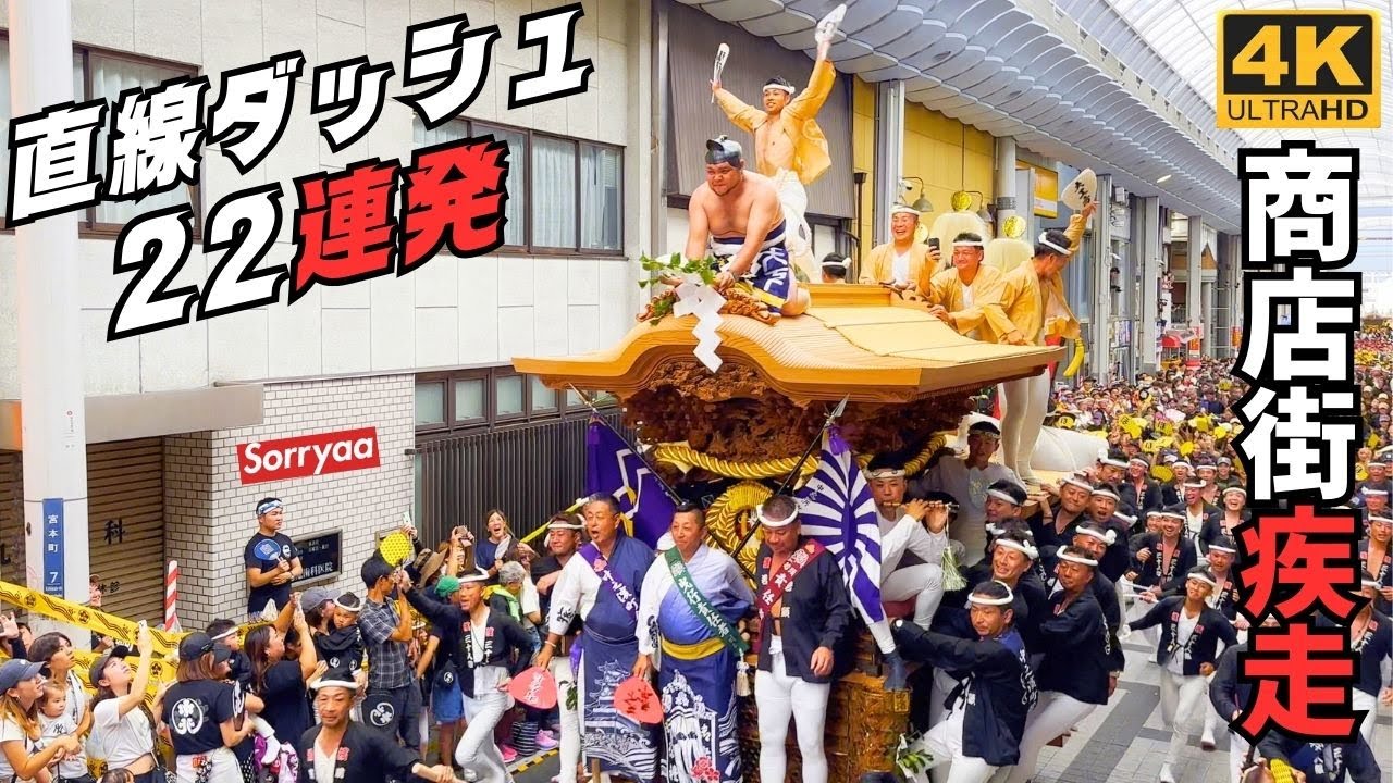 岸和田だんじり祭 大屋根の上で力士が土俵入り パレードで商店街を疾走する地車 令和6年 4K 高画質