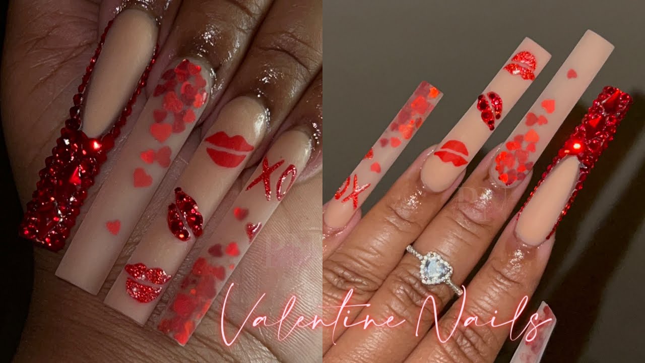 RED VALENTINE NAILS 💋❤️ HOW TO LIP NAIL ART | BLING FRENCH ✨