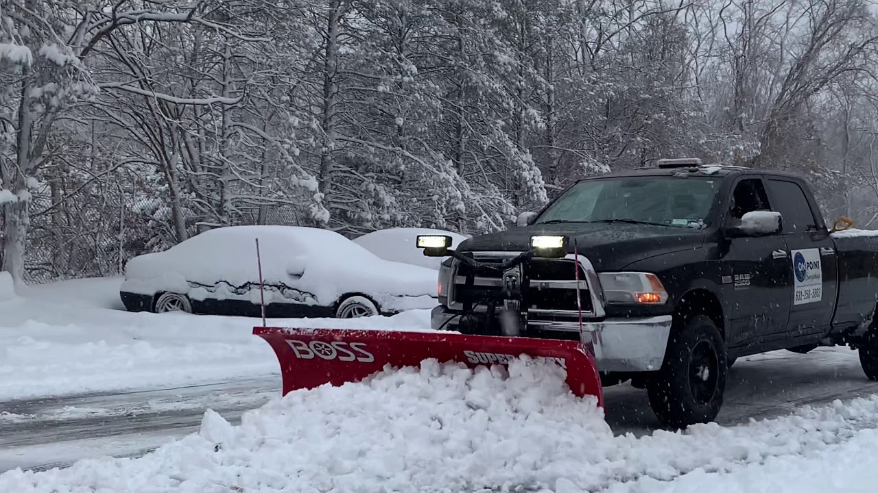 Snow Plowing with Brand New 8’ Boss Plow Straight Blade Plow W/ Drone Footage