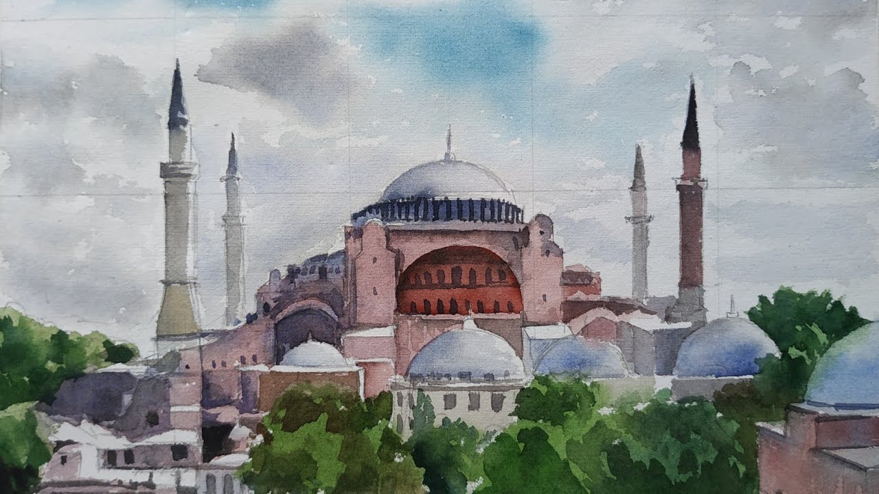 Watercolor tutorial - How to paint Hagia Sophia Step by Step (Very Easy)