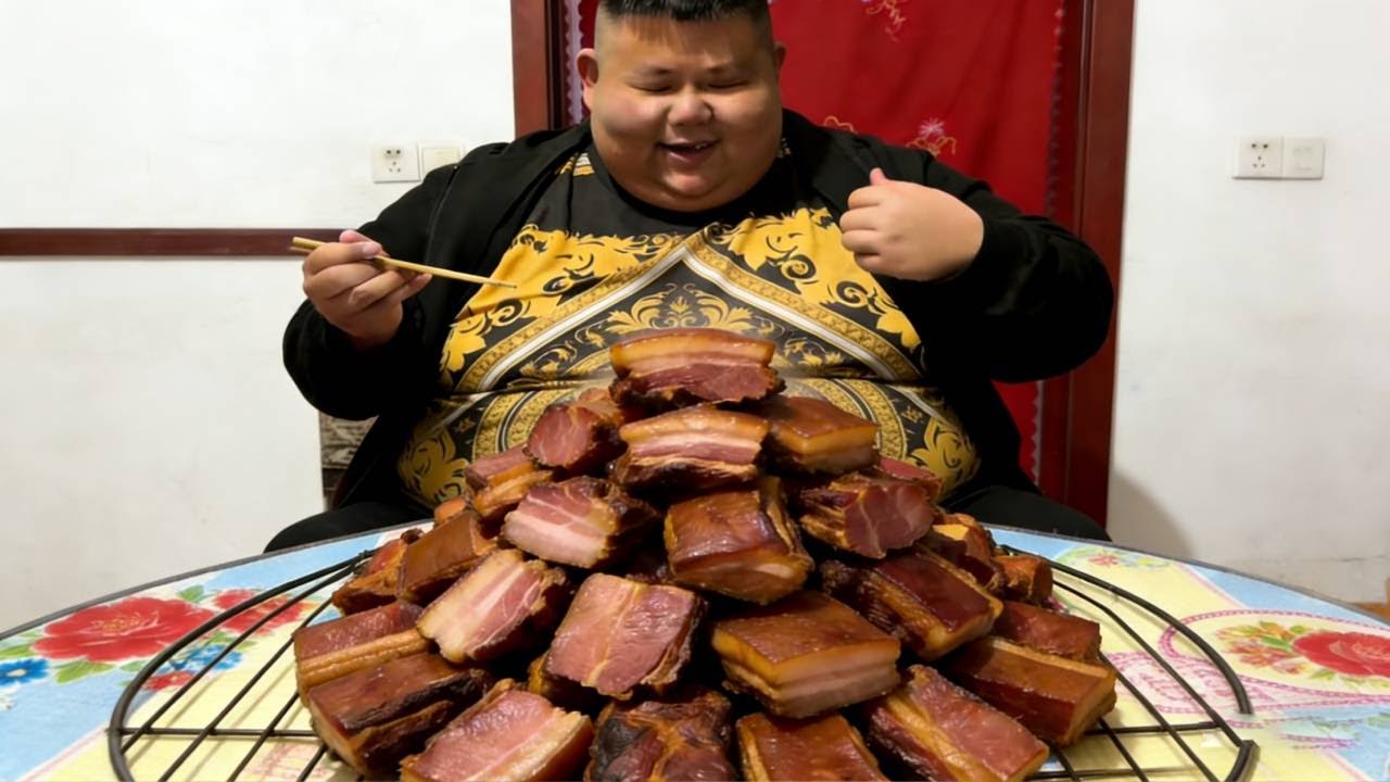 这里是良子的美食厨房，大块的良子版秘制熏肉，配上香喷喷的大米饭，太美味了 