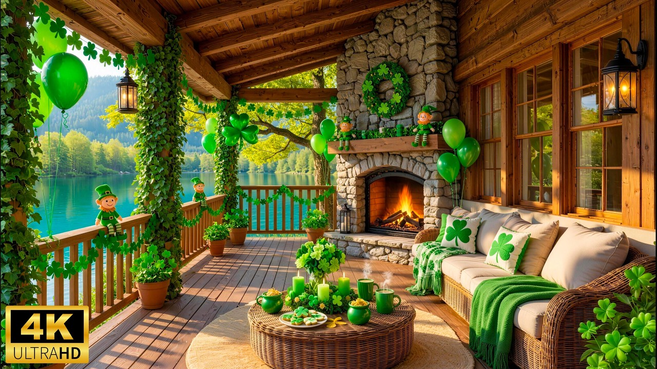 ☘️ Cozy St. Patrick’s Day Porch - Relaxing Piano Music with Birdsong & Warm Fireplace for Calm