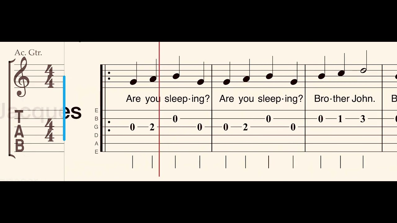 Frere Jacques simple tablature and notation.