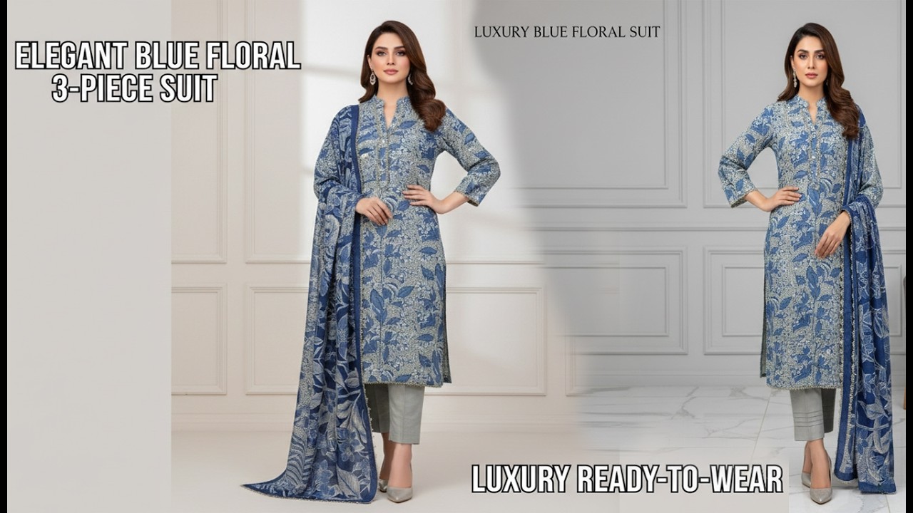 Elegant Blue Printed 3 Piece Suit | Stylish Kurti Dupatta Trouser Set for Women | Summer Collection