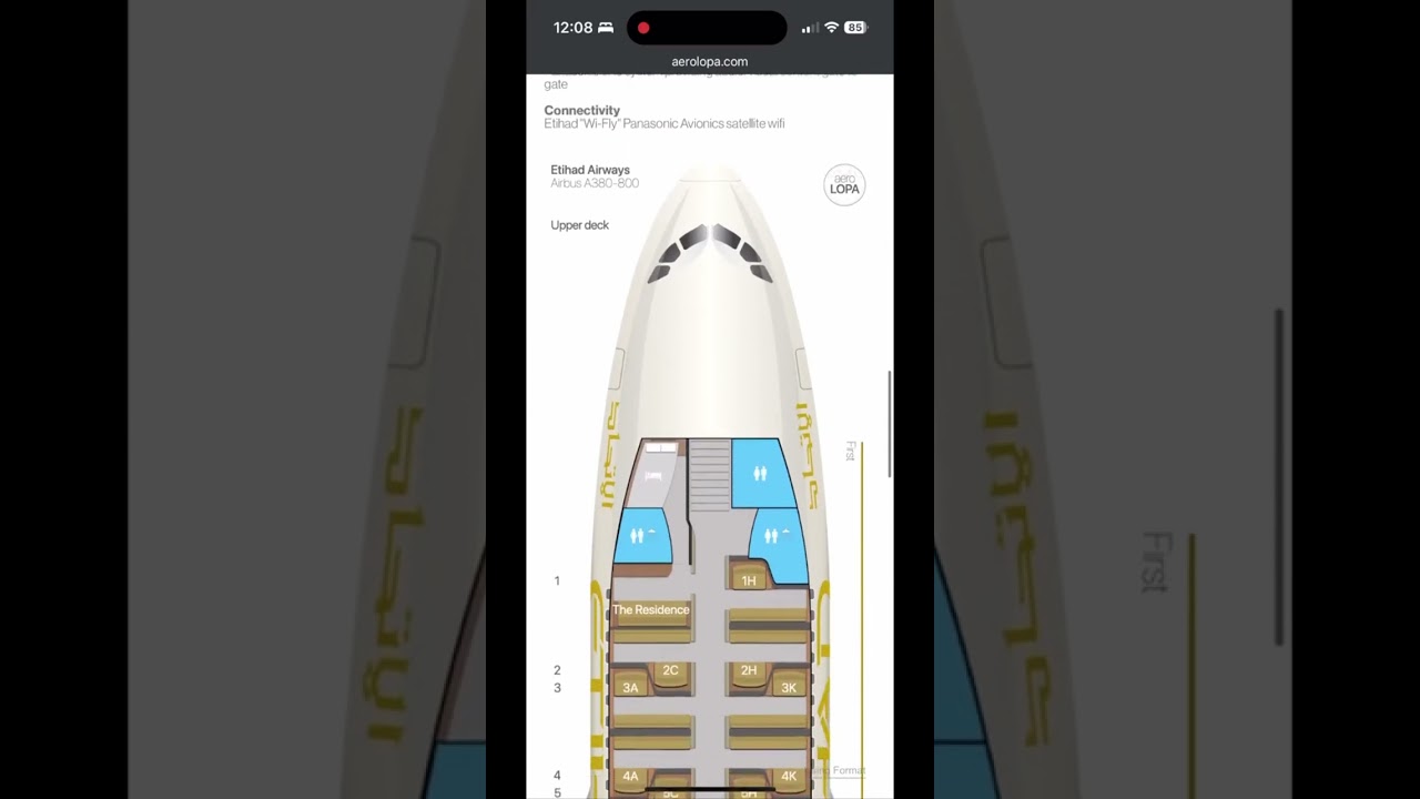The Etihad Airbus A380-800 Seatmap with the Residence in First Class