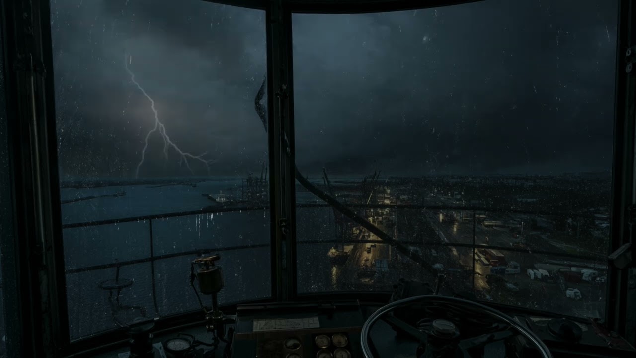 Massive Harbor Crane View | Distant Coastal Thunderstorm | Calm Before the Storm | Rain on Glass