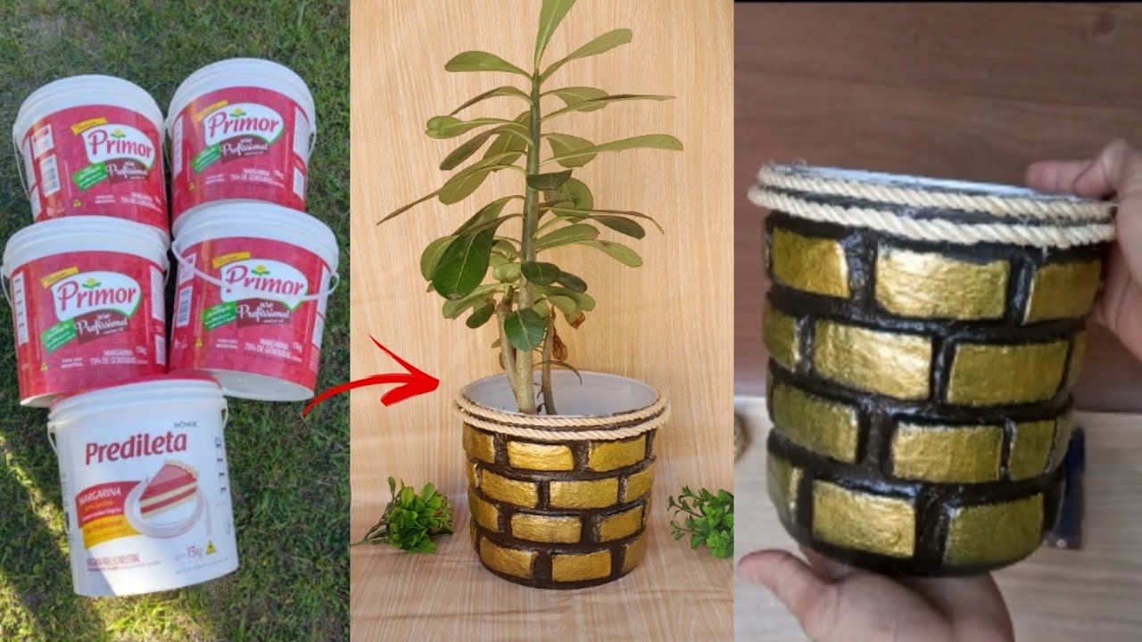 COMO FAZER VASO DECORATIVO USANDO BALDE DE PLÁSTICO E MASSA CORRIDA |COMO FAZER VASO CACHEPOT