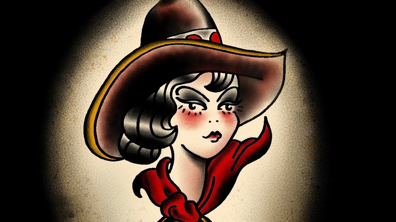 How to Draw Old School Traditional COWGIRL Sailor Jerry Tattoo Flash Pin-up - Coloring Book Page
