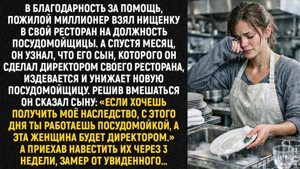 В благодарность за помощь, пожилой миллионер взял нищенку в свой ресторан посудомойщицей...