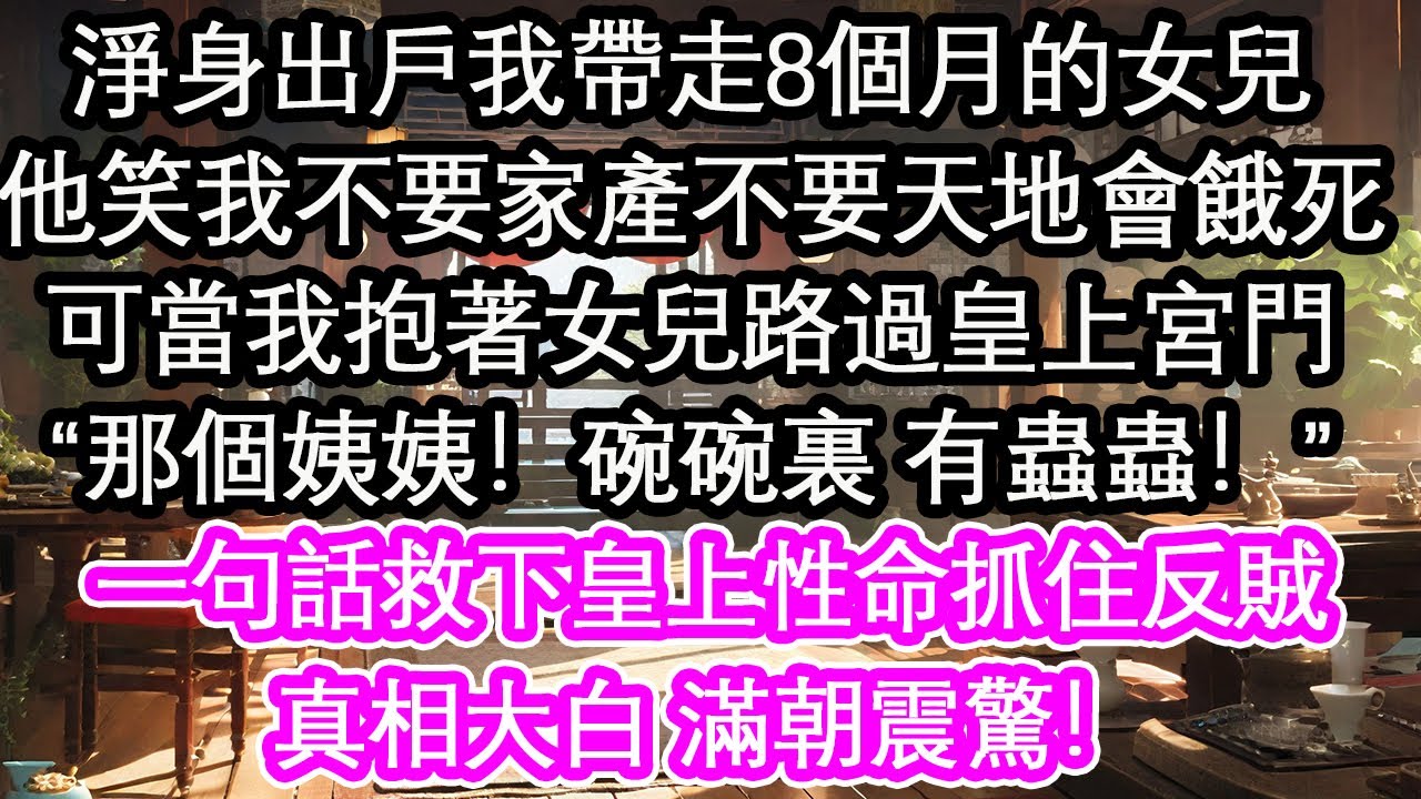 淨身出戶我帶走8個月的女兒，他笑我不要家產不要天地會餓死，可當我抱著女兒路過皇上宮門，“那個姨姨！碗碗裏 有蟲蟲！”一句話救下皇上性命抓住反賊，真相大白 滿朝震驚！【花開】【愛情】【生活】