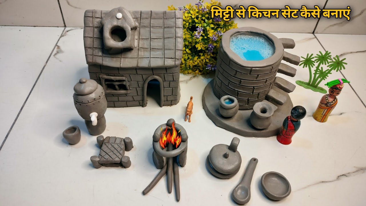 DIY How to Make Polymer Clay Miniature House, Kitchen set, Water well, charpai |Indian village House