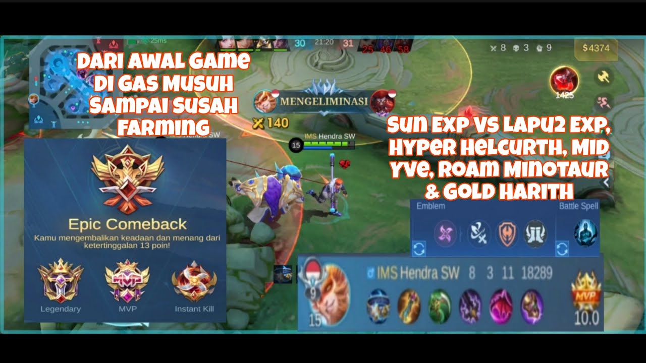 Sun Exp Hard Game... Vs Lapu2 Exp, Hyper Helcurth, Mid Yve, Roam Minotaur & Gold Harith