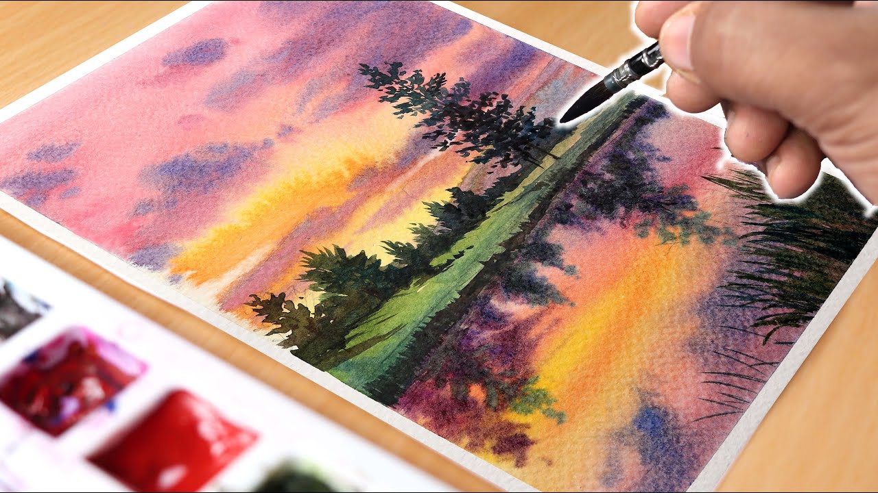 Beautiful Watercolor Painting of Sunset Evening Tree Landscape