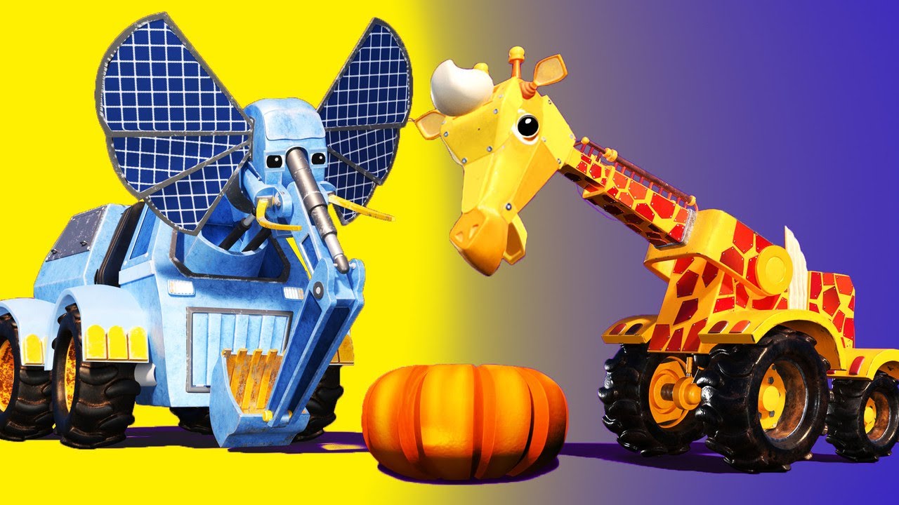 Thanksgiving : The GIRAFE CRANE and the ELEPHANT EXCAVATOR eat a pumpkin pie - cartoons with animals