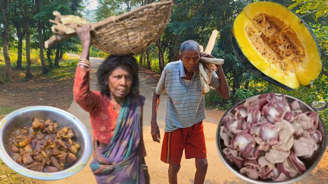 100yeras old grandma cooking GIZZARD with PUMPKIN curry and eating || typical lifestyle of tribe man