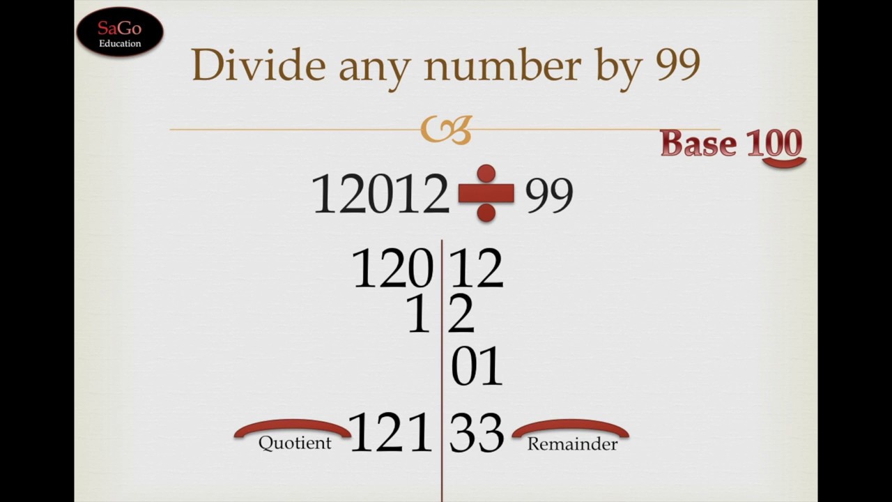 Divide any number by 99 using Vedic Maths shortcut trick