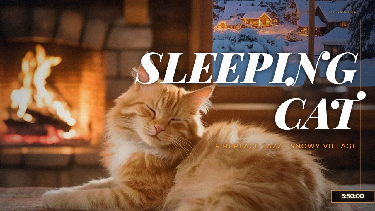 🐱 Sleeping Cat & Fireplace Jazz | 5 Hour Snowy Village Ambience | Vesprila