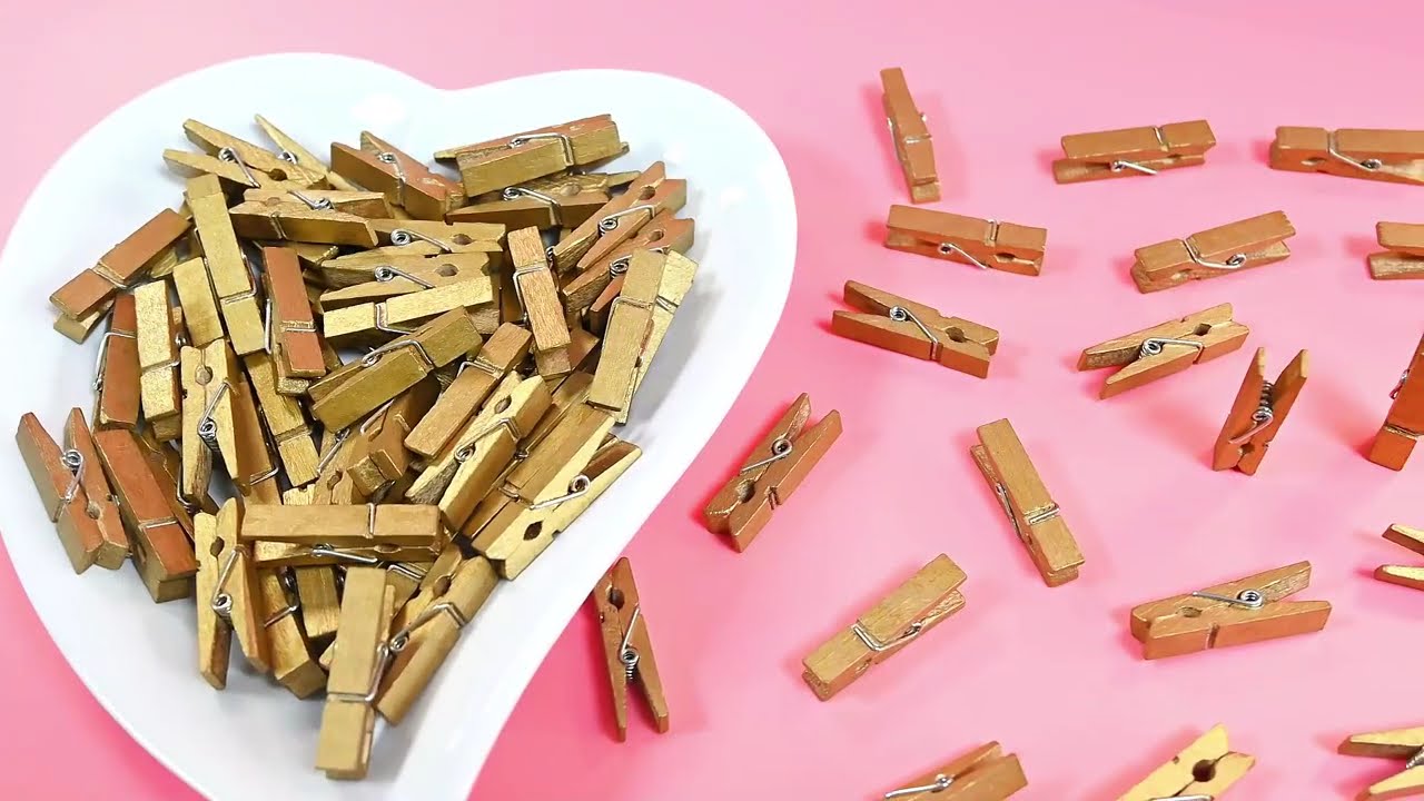 BronaGrand 100pcs Mini Gold Wooden Utility Paper Clips, Clothespins, Photo Clips