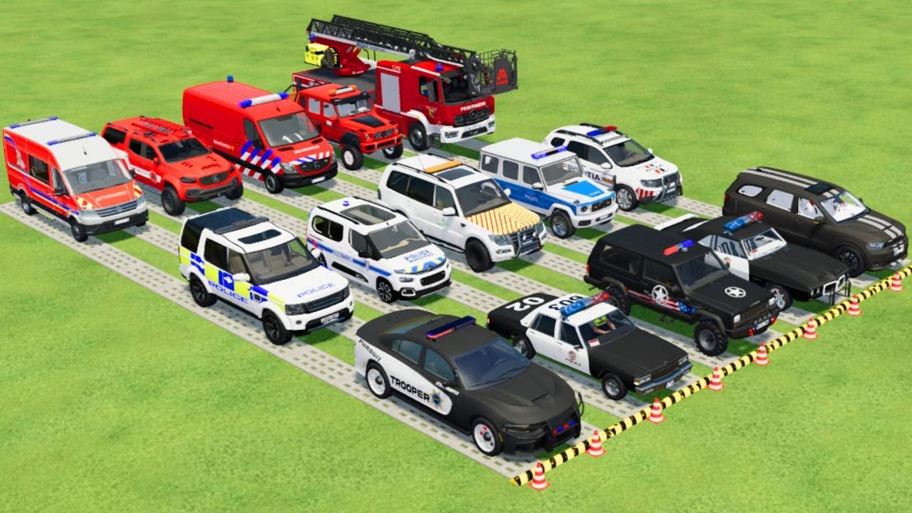 TRANSPORTING ALL POLICE CARS, AMBULANCE, FIRE TRUCK, COLORFUL CARS WITH TRUCK! -FARMING SIMULATOR 22
