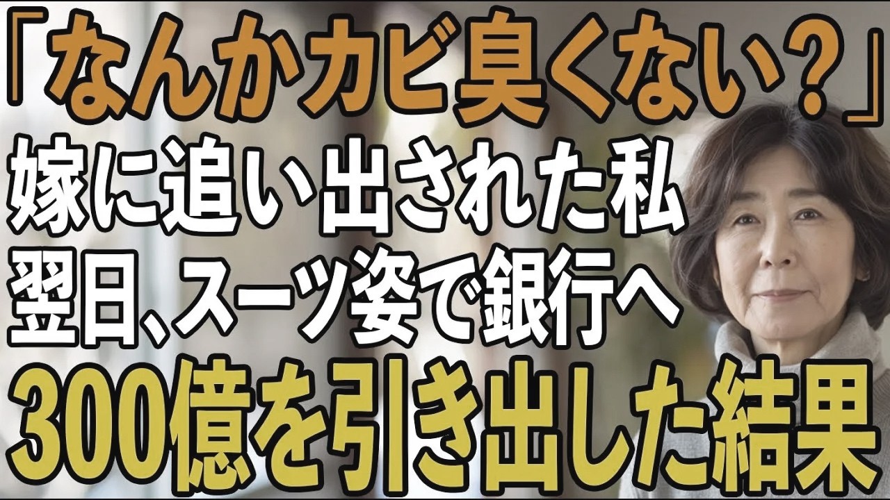 「なんかカビ臭い」息子嫁に侮辱され、5年間の同居していた家を追い出された私。翌日、私はスーツ姿で銀行へ...300億円を引き出すと→翌日、息子夫婦は半狂乱【シニアライフ】【60代以上の方へ】