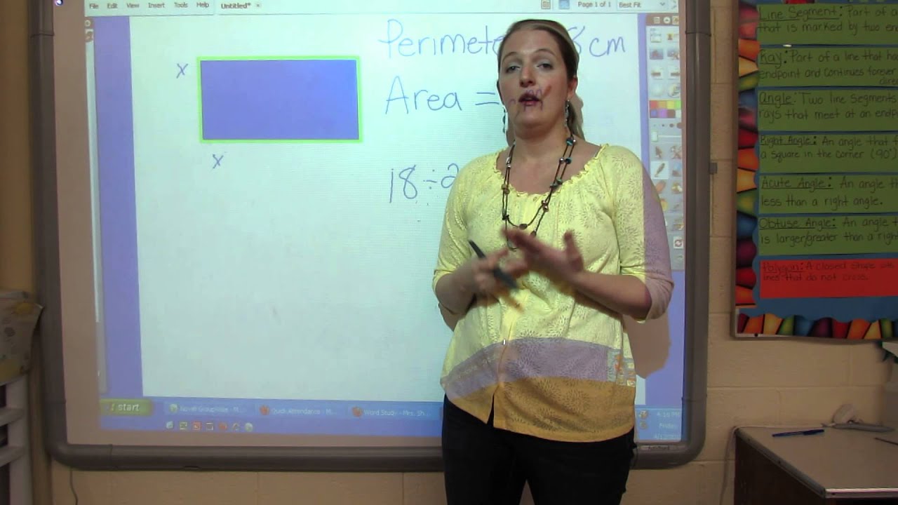 Using perimeter to determine the side lengths and area of a rectangle