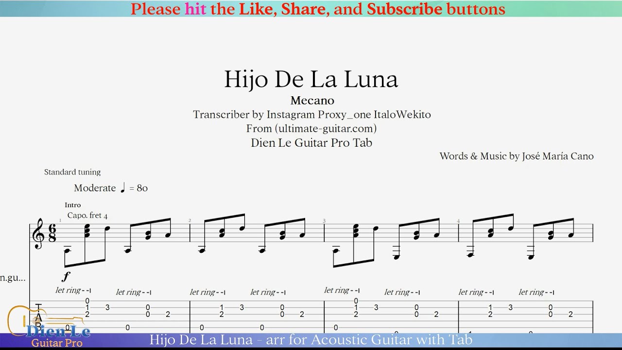Hijo De La Luna - arr for Acoustic Guitar with Tab
