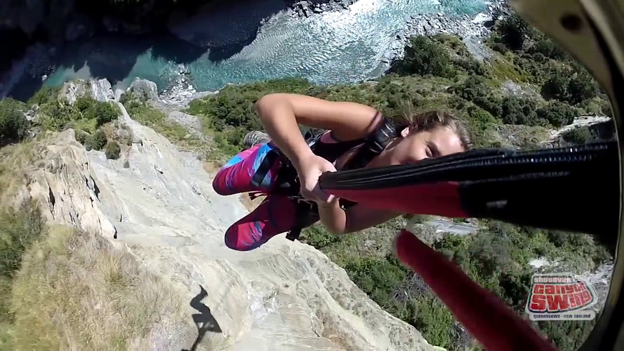 New Zealand Shotover Canyon Swing - Seven Count Jump - female backpacker screams to death!