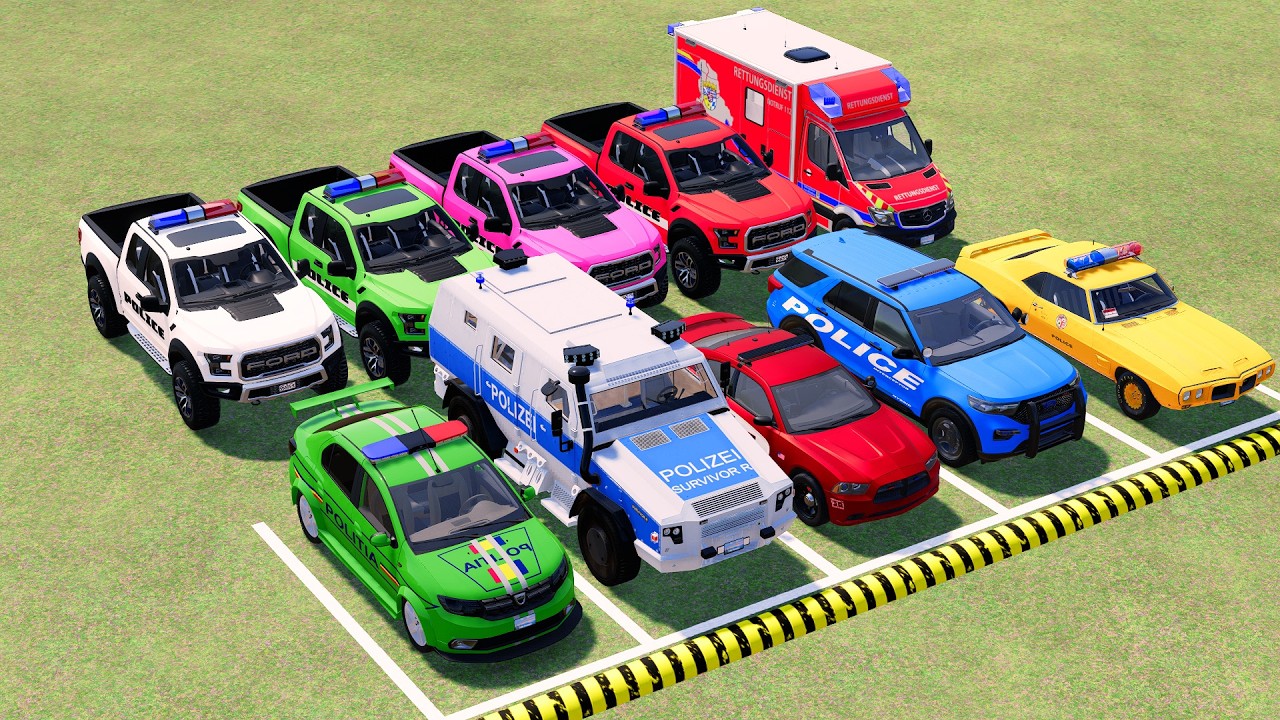 POLICE COLORFULL - TRANSPORTING POLICE CARS, AMBULANCE VEHICLES, FIRE TRUCK WITH TRUCK - FS22