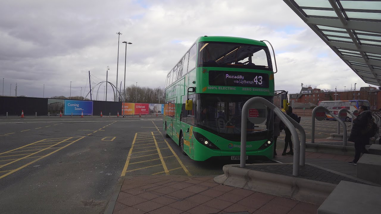 United Kingdom, Manchester, electric double decker bus 43 ride from Selstead Road Portway to Airport