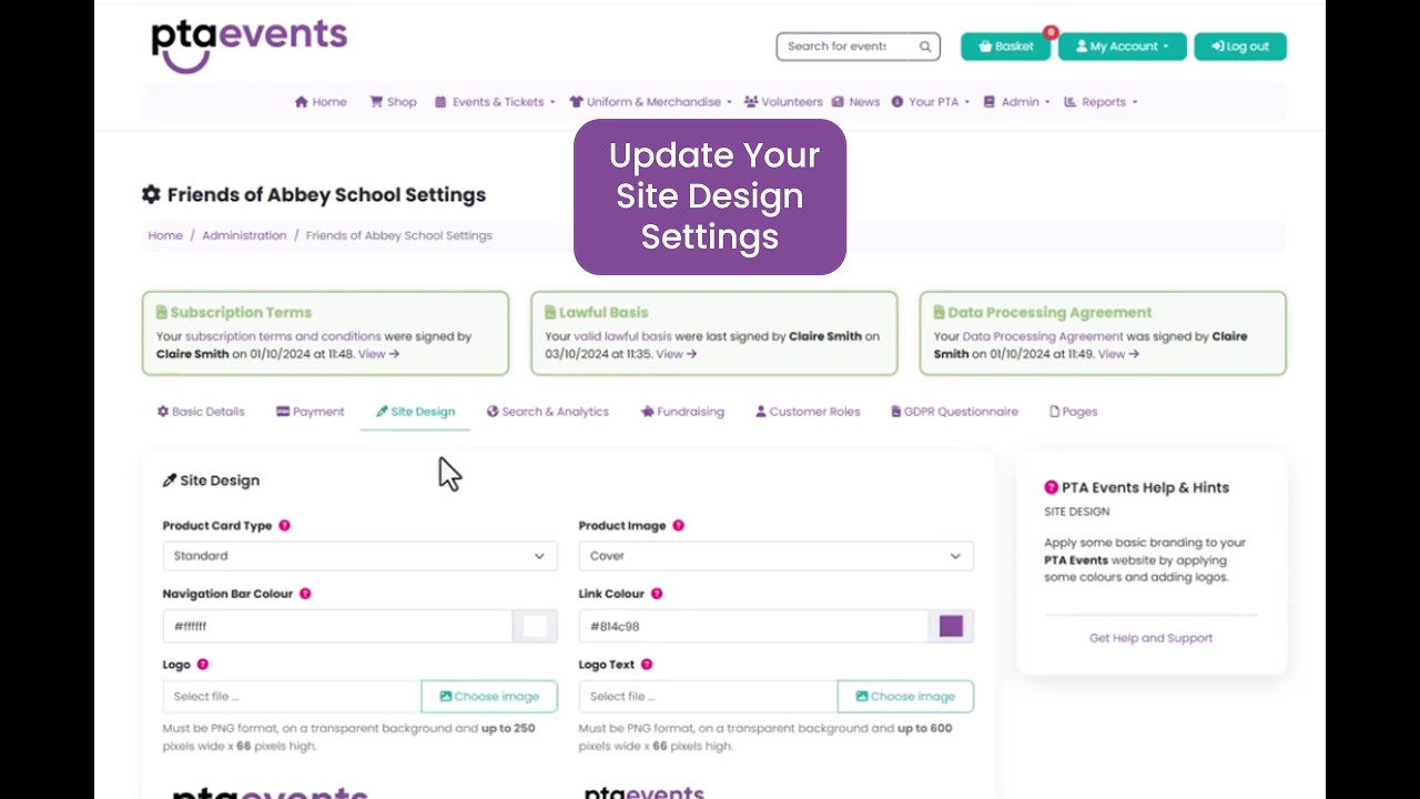 PTA Events Tutorials - How to update your site design settings