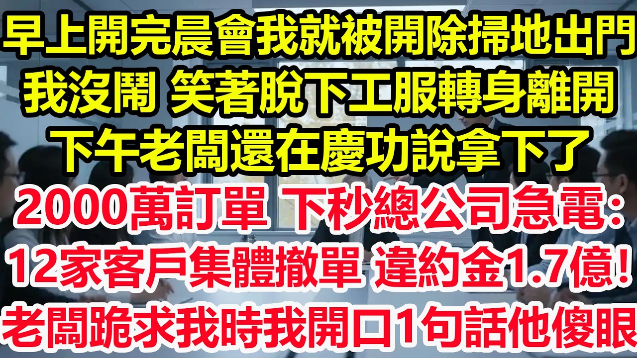 早上開完晨會我就被開除掃地出門，我沒鬧，笑著脫下工服轉身離開，下午老闆還在慶功說拿下了2000萬訂單，下秒總公司急電：12家客戶集體撤單，違約金高達1.7億！老闆跪求我時，我開口1句話他傻眼了！#職場