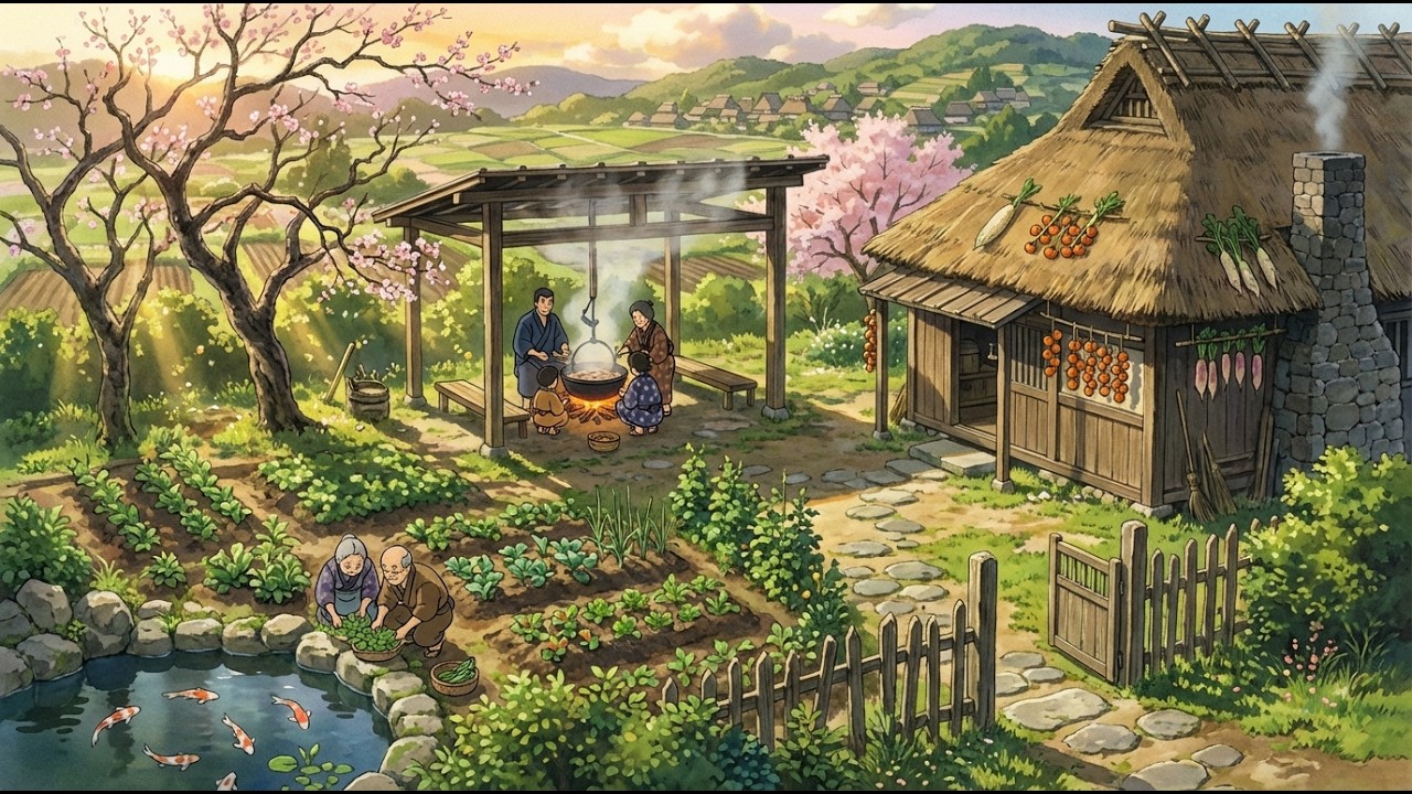 Sakura Season Family Lunch: Making Onigiri & Miso Soup in Japanese Farmhouse | Ghibli style video