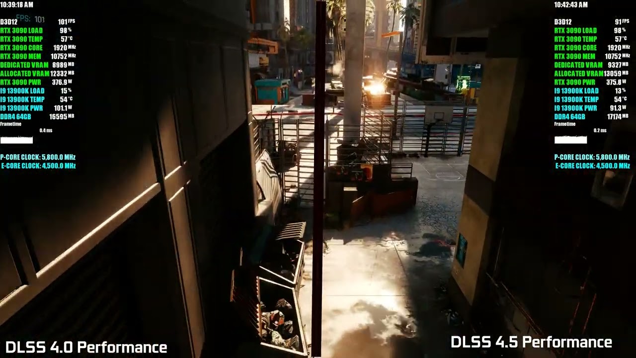 RTX 3090 | 13900K | Cyberpunk 2077 DLSS 4.0 Performance vs DLSS 4.5 Performance