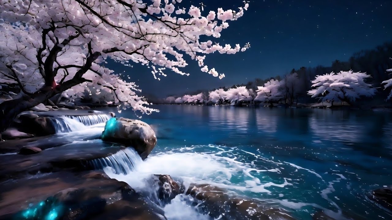 Peaceful Cherry Blossom Waterfall at Night – Relaxing Nature Sounds for Sleep | Dream World Eternal
