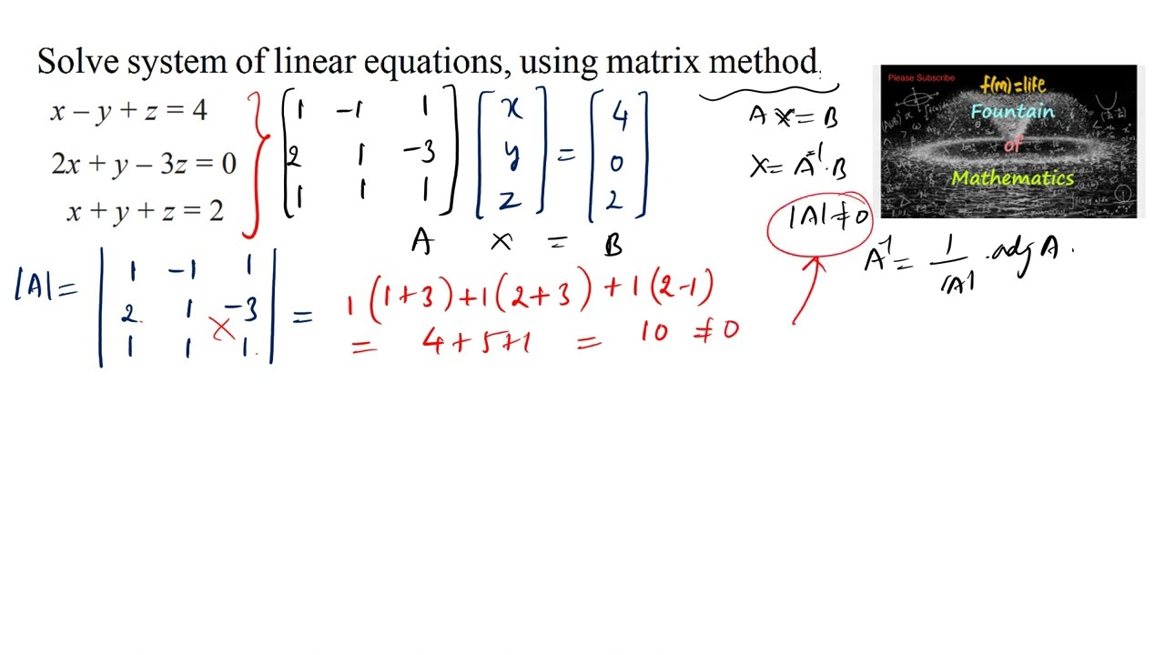 Решить систему линейных уравнений матричным методом x-y+z=4;2x+y-3z=0|Определители|Матрицы|NCERT