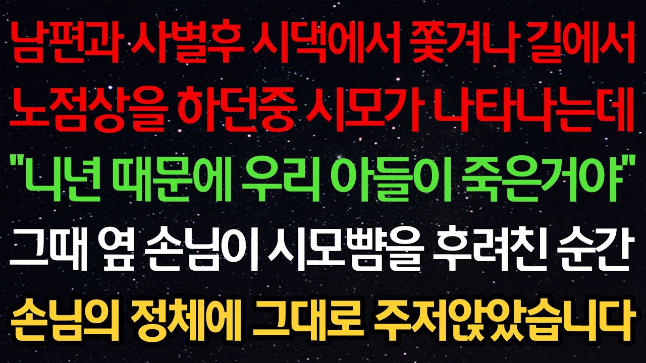 실화사연-남편과 사별후 시댁에서 쫓겨나 노점상을 하던중 시모가 나타나는데..“너때문에 우리 아들이 죽은거야” 그때 옆 손님이 시모를 후려친 순간 손님의 정체에 그대로 주저앉았습니다