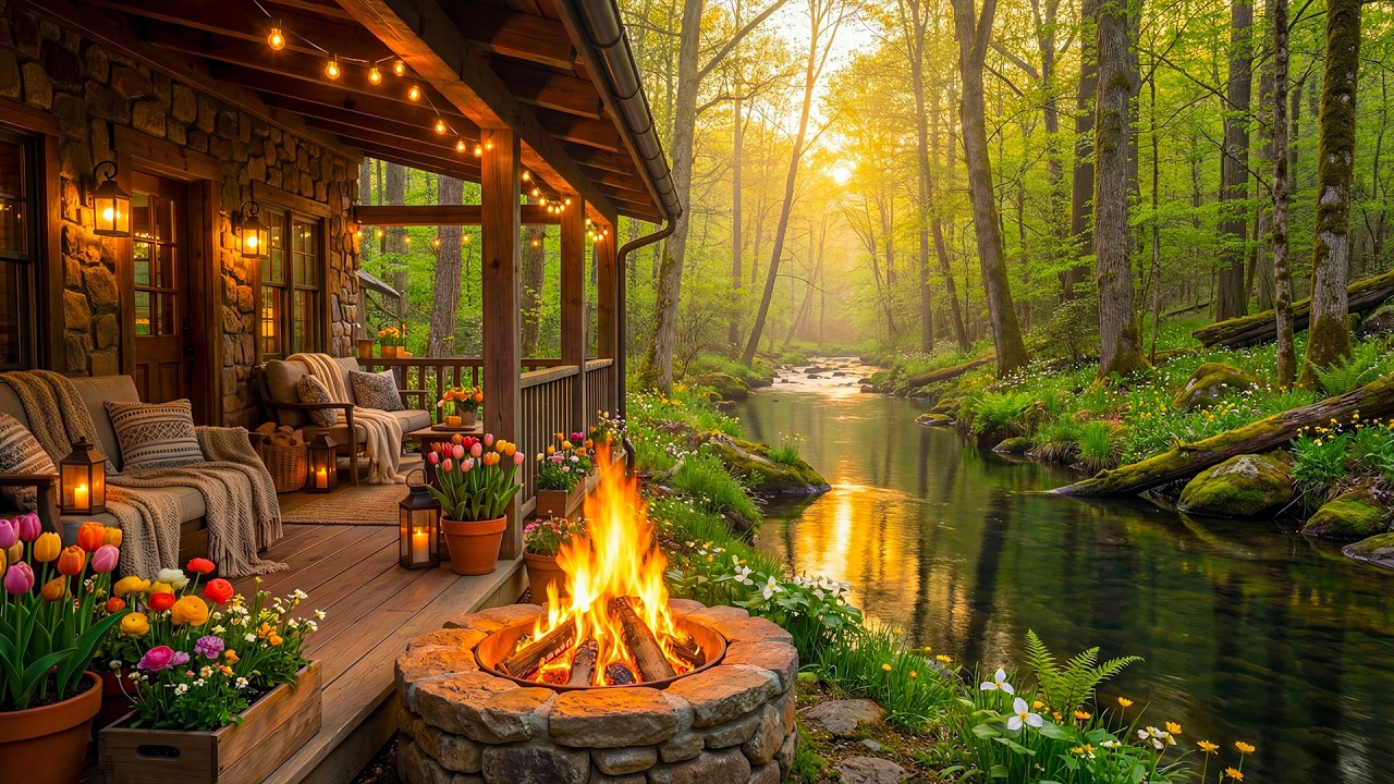 Calming Riverside Cabin Porch in Spring Forest 🌿🔥 Campfire Ambience, Gentle Water Sounds & Birdsong